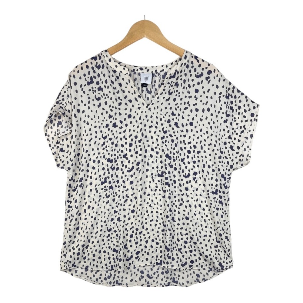 Cabi Meow Short Sleeve Blouse size Large Cream/Purple